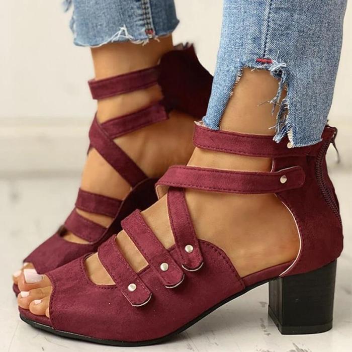 Women Large Size Hollow Out Back Zipper Chunky Sandals
