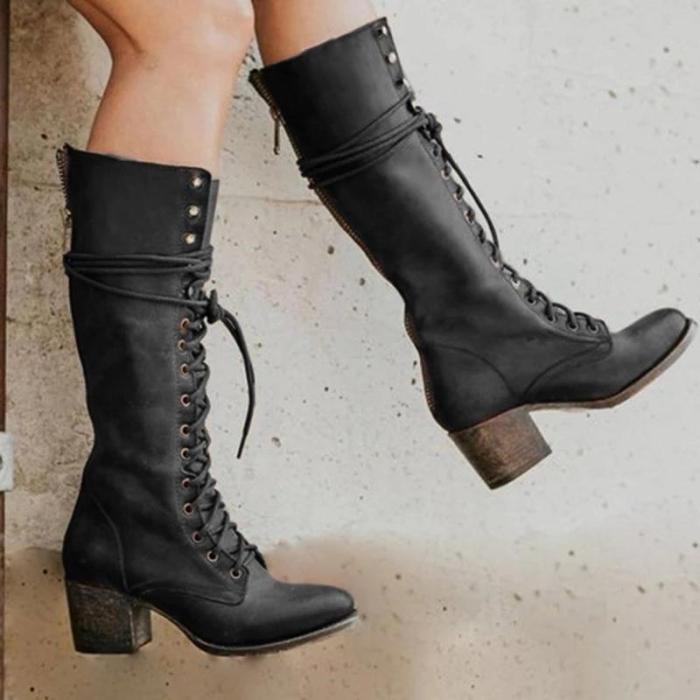 Daily Leather Block Heel Boots