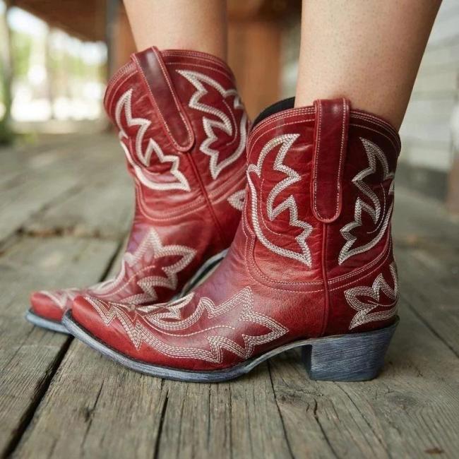 Retro Embroidery Ankle Booties Slip-on Women Cowboy Boots