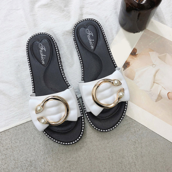 Women Summer Bowtie Pearl Flat PU Causal Non-Slip Sandals