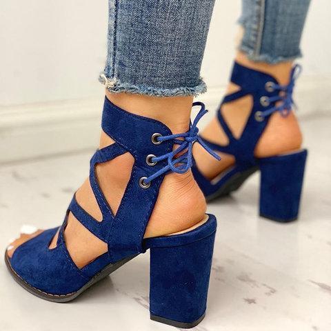 Women Lace-Up Casual Chunky Heel Pu Sandals