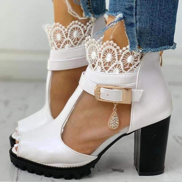 Women Fashion Lace Mesh Peep Toe Chunky Sandals Boots