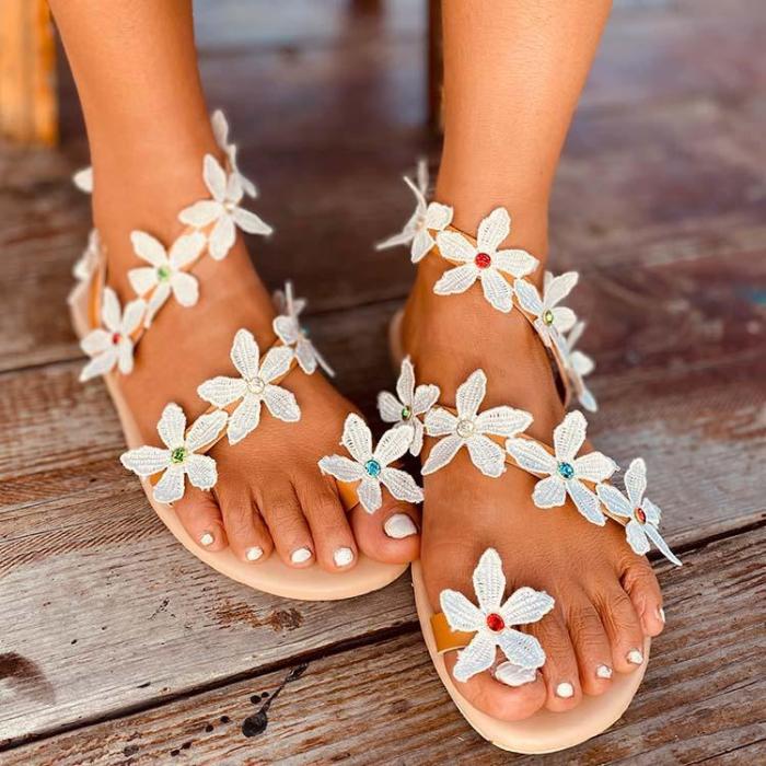 2020 Women  Flat Heel Boho Flower Sandals