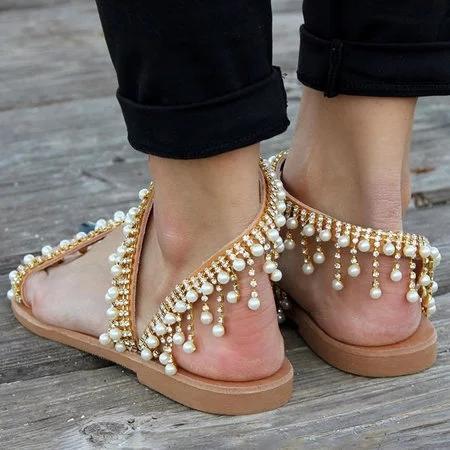 Women Bohemian Style Sandals Casual Beach Pearls Shoes