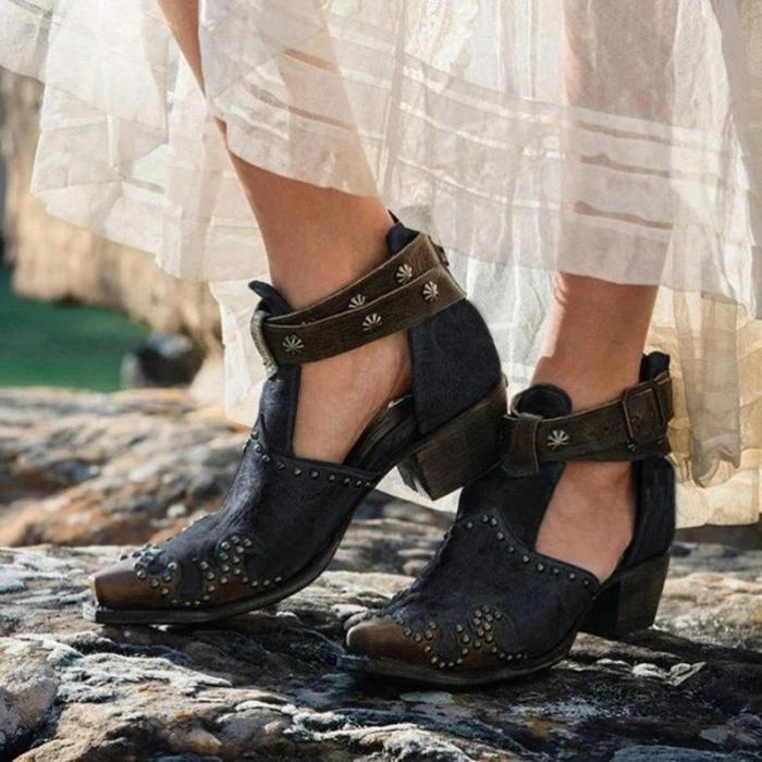Vintage Block Heel Rivet Buckle Strap Sandals