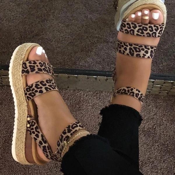 Ankle Strap Platform Line-Style Buckle Open Toe Platform Leopard Sandals