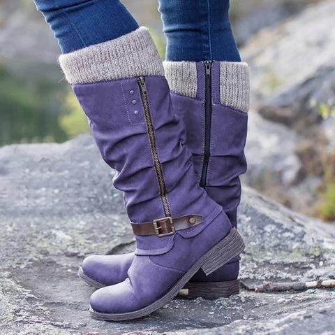 Women Casual Winter Knitted Zipper Mid Calf Boots