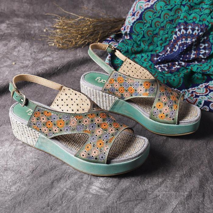 Candy Color  Hollow Flowers Pattern Platform Buckle Strap Sandals