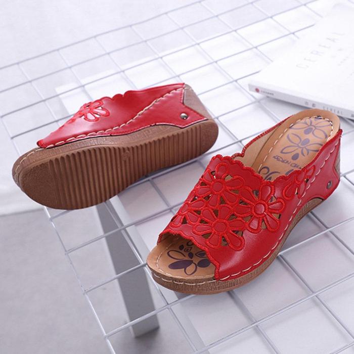 Women Casual Comfy Soft Sole Peep Toe Hollow Flowers Wedges Sandals