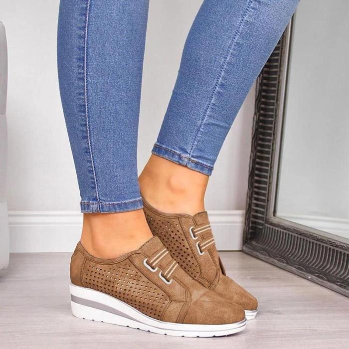 Faux Leather Hollow-out Wedge Heel Sneakers