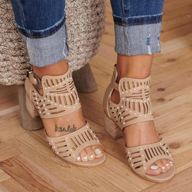 Women Cut-out Slip-on Stylish Mid Heel Sandals Shoes