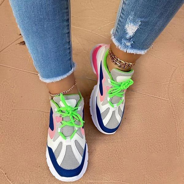 Lace-Up Low-Cut Upper Round Toe Color Block Sneakers