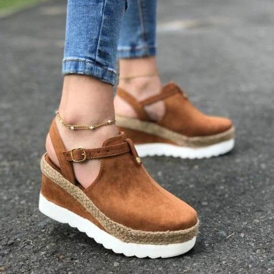 buckle round toe slingbacks wedge heel