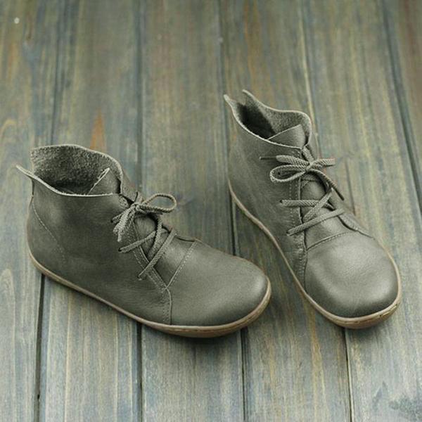Vintage Solid Color Lace-Up Ankle Flat Boots