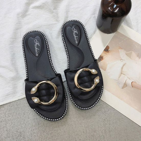 Women Summer Bowtie Pearl Flat PU Causal Non-Slip Sandals