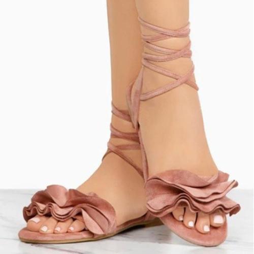 Large Size Women Summer Flocking Flower Bandage Flat Sandals Women Slipper Shoes
