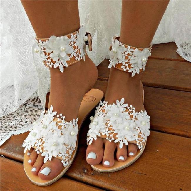 Women Wedding Lace Pearl With Foot Ring Open Toe Slip On Flat Heel Slippers
