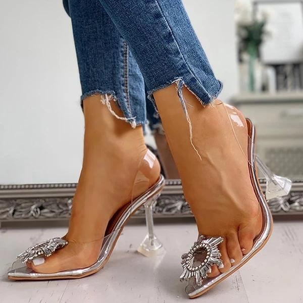 Studded Pointed Toe Transparent Thin Heels Sandals