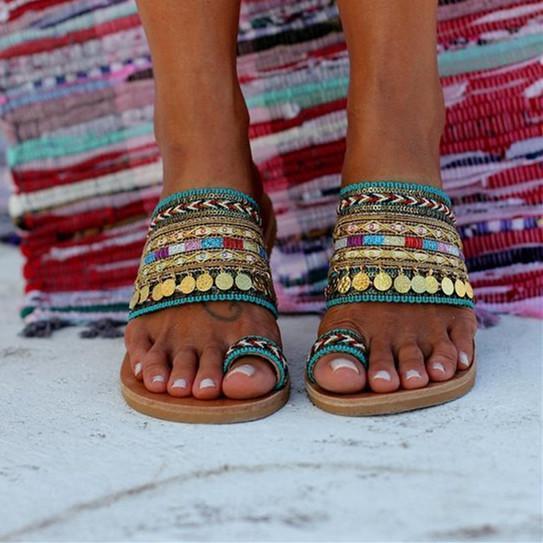 Handmade Women Sandals Tassel Flat Holiday Sandals with Beading