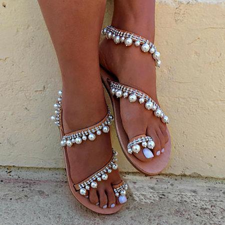 Plus Size Handmade Sandals Pearls Summer Flat Sandals