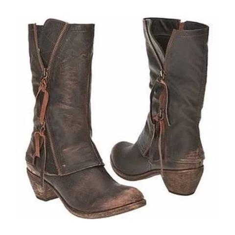 US$ 70.98 - Women's Vintage Side Zippers Boots Tassel Wide Calf Boots - www.mensootd.com