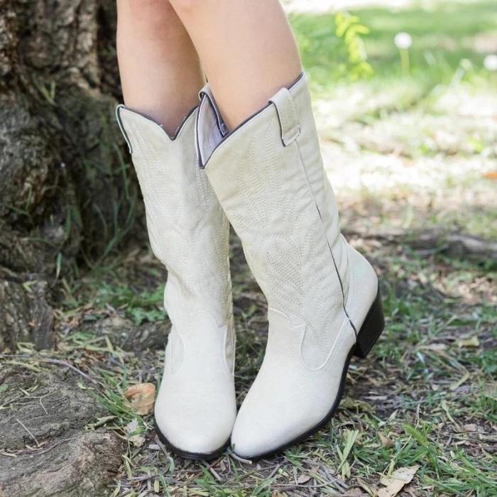 Embroidery Stitching Mid-Calf Medium Chunky Boots