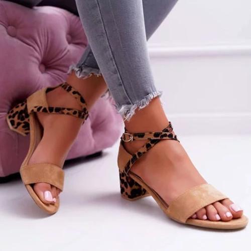 Chunky Heel Artificial Suede Adjustable Buckle Leopard Sandals