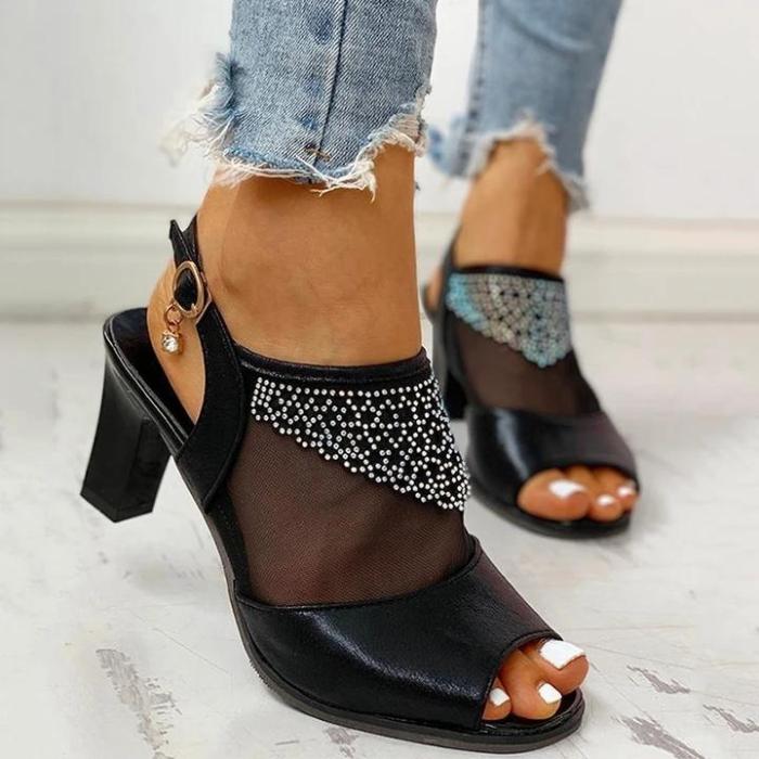 Women Fashion Rhinestone High Heel Buckle Strap Sandals