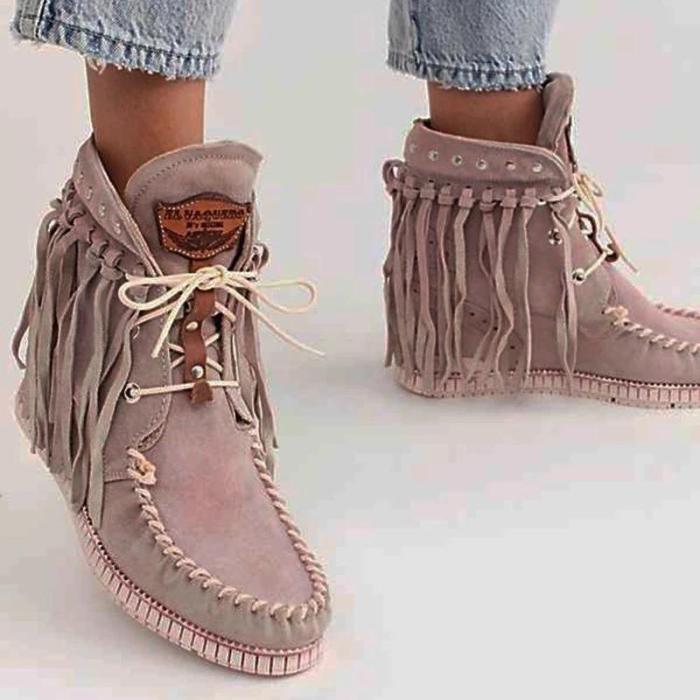 Women's European And American Fashion Solid Color Tassel Ankle Boots