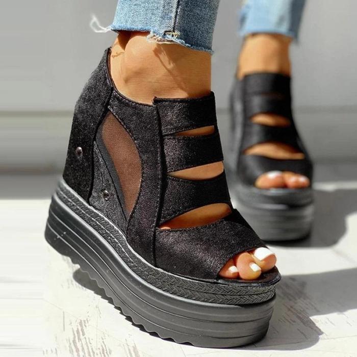 Platform Peep Toe Side Zipper Patchwork See-Through Sandals