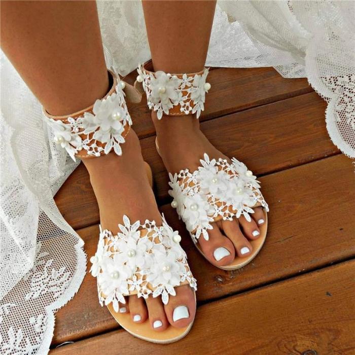 Women Wedding Lace Pearl With Foot Ring Open Toe Slip On Flat Heel Slippers
