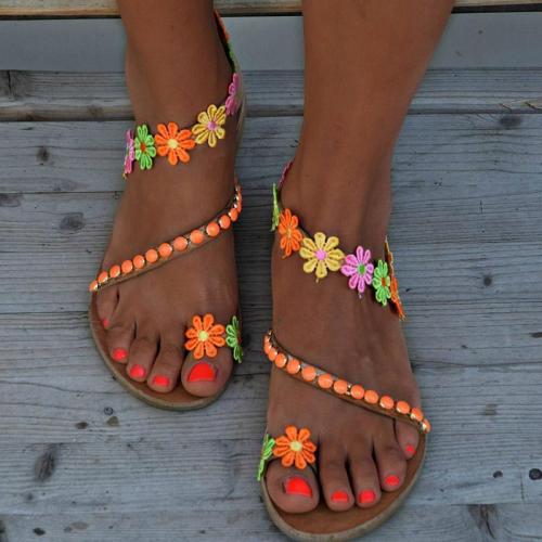 Ladies Handmade Sweet Flower Ankle Strap Flip-flop Flat