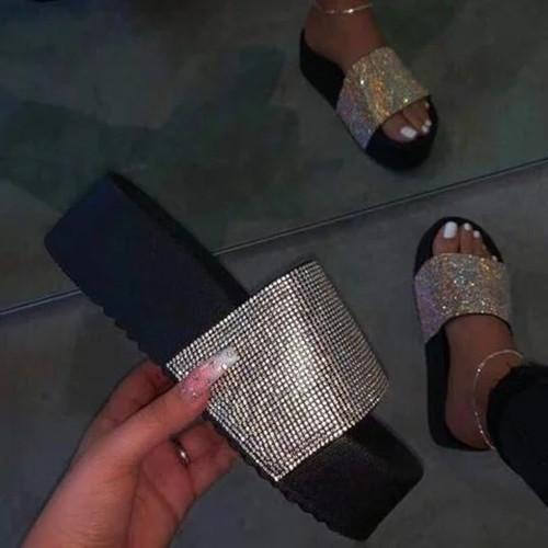 Pi Clue Holiday Rhinestone Artificial Leather Low Heel Slippers
