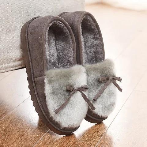 Fur Faux Suede Bowknot Warm Slip On Slippers