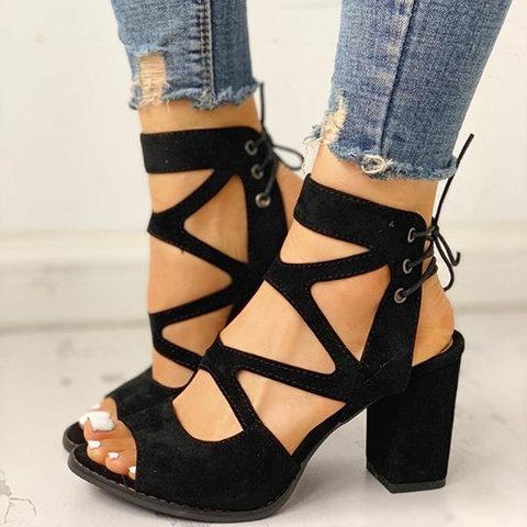 Women Lace-Up Casual Chunky Heel Pu Sandals