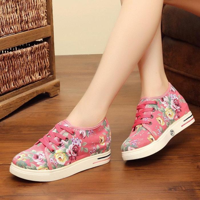 Flower Printing Lace Up Hidden Heel Casual Shoes