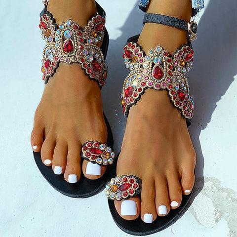 Women Boho Toe Ring Studded Flower Pattern Flat Sandals