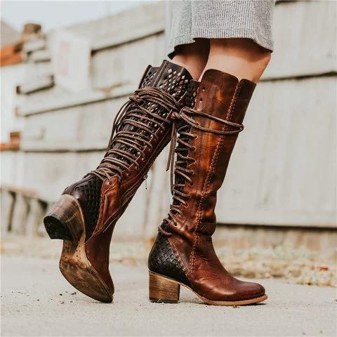 Vintage Lace-up Hollow-Out Boots Chunky Heel Color Block Boots