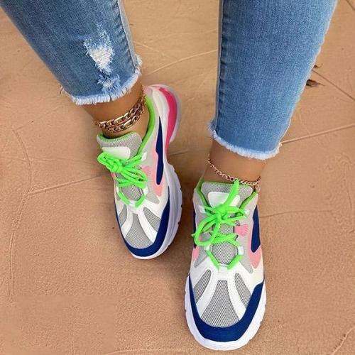 Lace-Up Low-Cut Upper Round Toe Color Block Sneakers