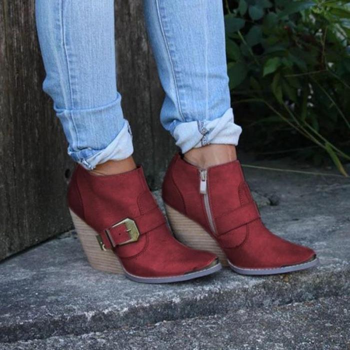 Plus Size Vintage Leather Zipper Chunky Heel Ankle Booties