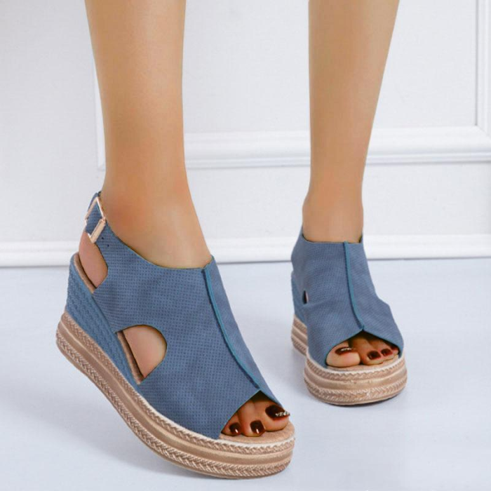 Women's Suede Hollow Out Peep Toe Buckle Strap Platform Sandals