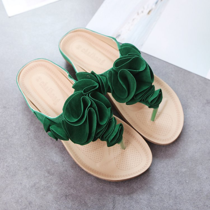Ruched Flower Embellished Toe Post Flat Sandals