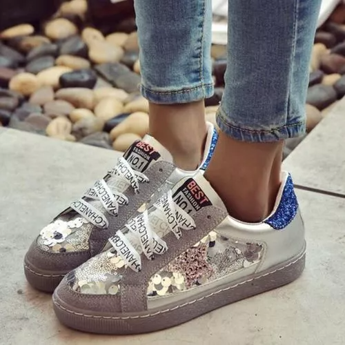Women's Sequin Lace-up Closed Toe Flat Heel Sneakers