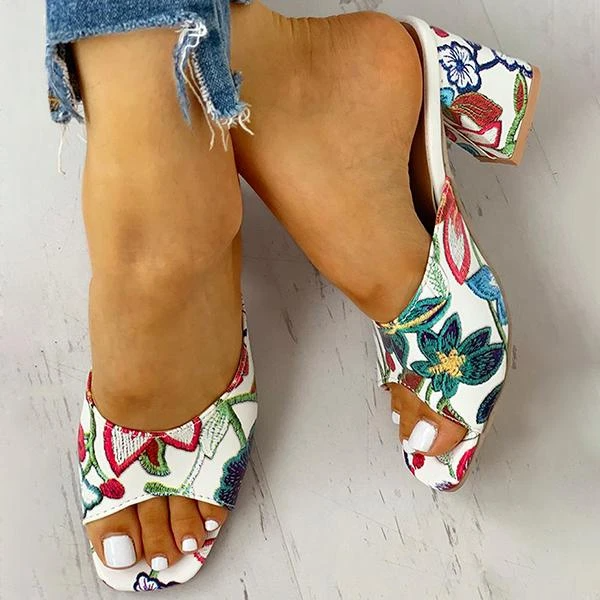 Peep Toe Print Chunky Heeled Sandals