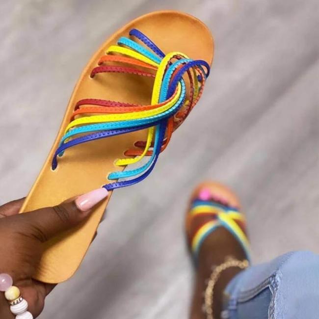 Women Fashion Rainbow Stripe Hit Color Open Toe Slip On Flat Heel Slippers