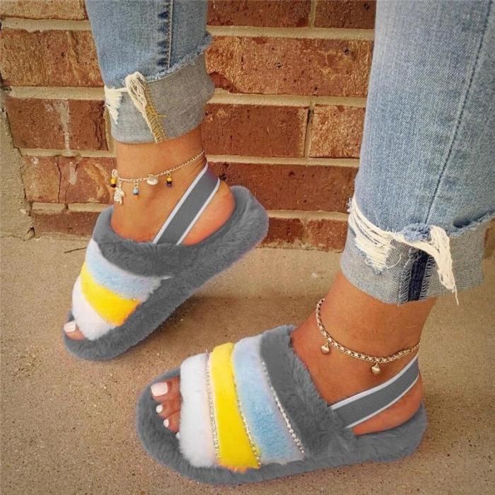 Comfy Fluffy Fur Cuty Hit Color Open Toe Slip On Sandals