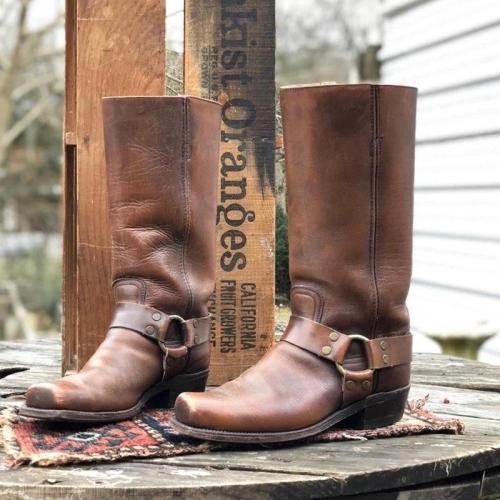 Vintage Slip-on Mid-Calf Chunky Heel Square Toe Cowboy Boots