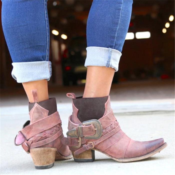 Women Vintage Low Heel Slip-On Comfy Pu Ankle Boots