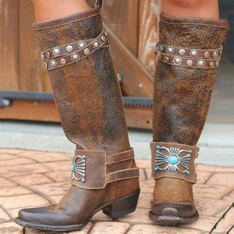 Women's Stylish Knee-High Boots Chunky Block Heel Western Cowboy Slip on Booties