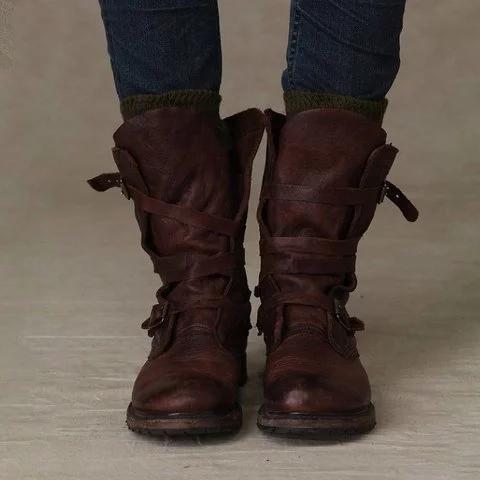Women Vintage Riding Boots Casual Chic Buckle Boots